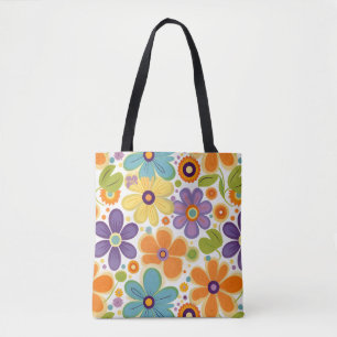 Retro Flowers Orange Lilac and Green Tote Bag