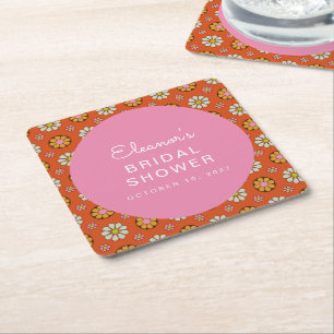 Retro Flowers Orange Pink Bridal Shower Custom Square Paper Coaster