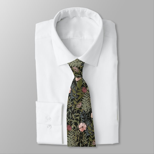 Retro Flowers Pattern Dark Leaves And Flowers Neck Tie (Tied)