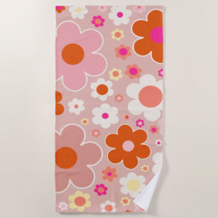 Retro Flowers Peach Blush Pink Orange Floral Beach Towel