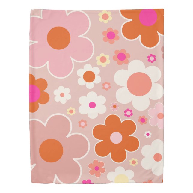 Retro Flowers Peach Blush Pink Orange Floral Duvet (Front)