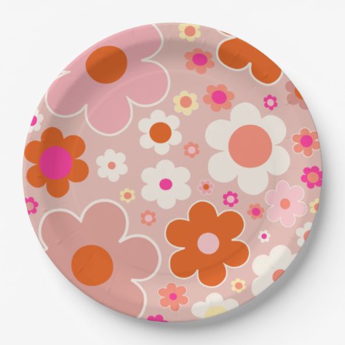 Retro Flowers Peach Blush Pink Orange Floral Paper Plates