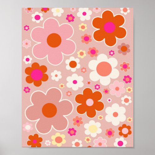Retro Flowers Peach Blush Pink Orange Floral Poster