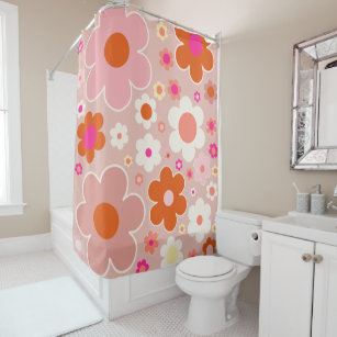 Retro Flowers Peach Blush Pink Orange Floral Shower Curtain