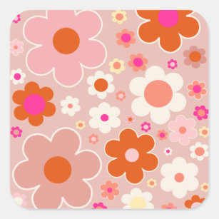 Retro Flowers Peach Blush Pink Orange Floral Square Sticker