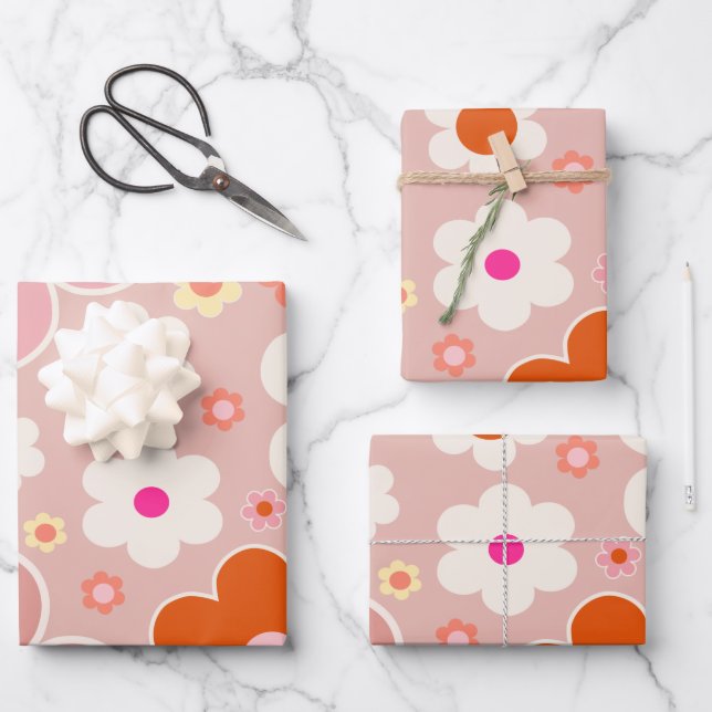 Retro Flowers Peach Blush Pink Orange Floral Wrapping Paper Sheets (Front)