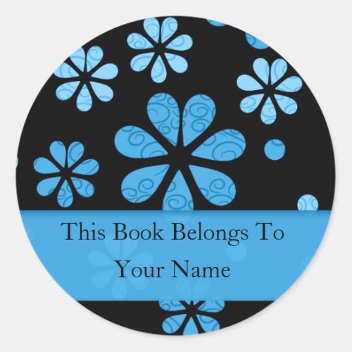 Retro Flowers Personalized Bookplates  Blue