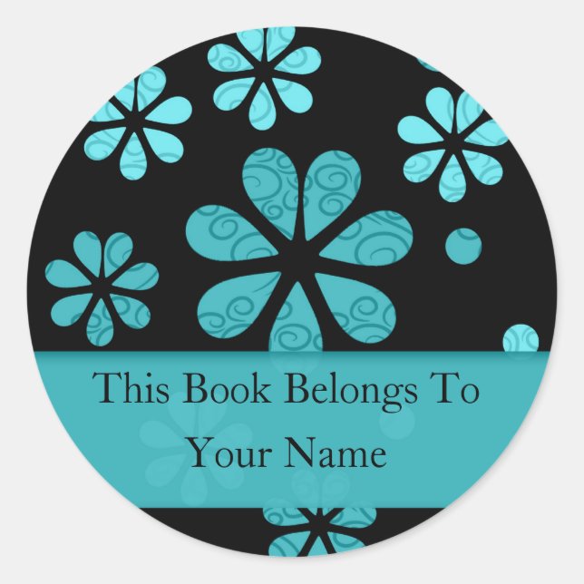 Retro Flowers Personalized Bookplates : Teal (Front)