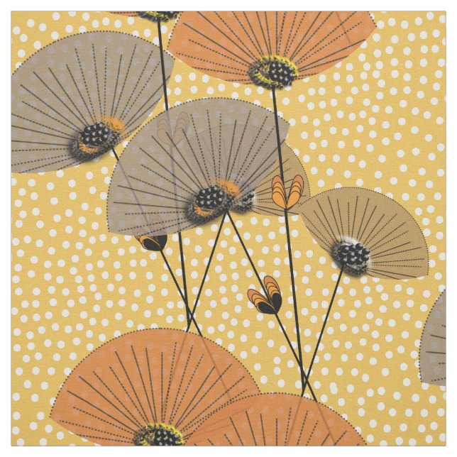Retro Flowers Polka Dot Orange Mustard Mix Fabric (Swatch)
