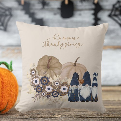 Retro Flowers Pumpkins Denim Gnomes Thanksgiving Throw Pillow