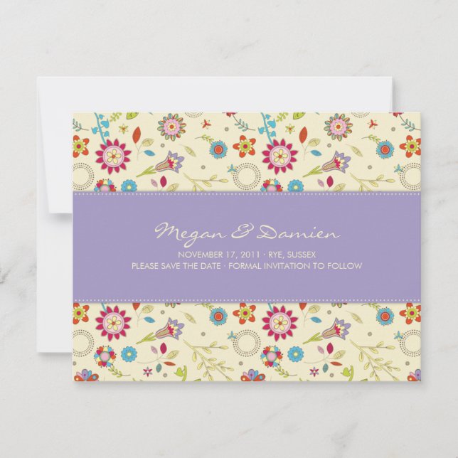 Retro Flowers · Purple · Save the Date Card (Front)