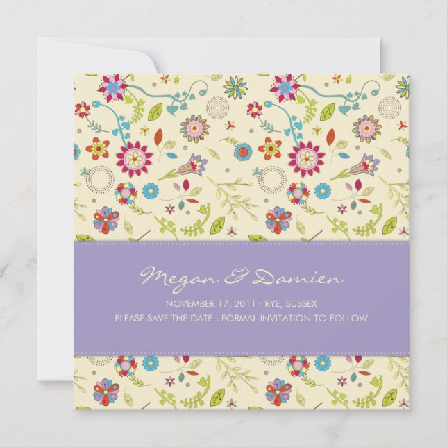 Retro Flowers · Purple · Save the Date Card (Front)
