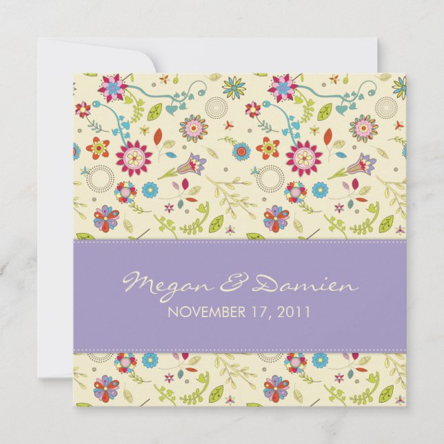 Retro Flowers · Purple · Wedding Invitation (Front)