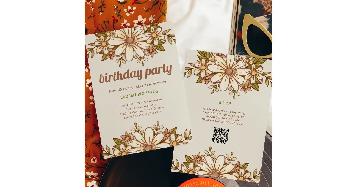 Retro Flowers | QR Code Birthday Party Invitation | Zazzle