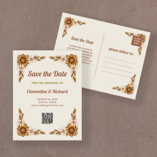 Retro Flowers  QR Code Wedding Save the Date Announcement Postcard