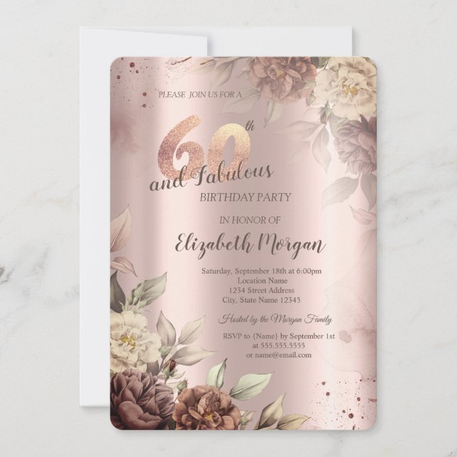 Retro Flowers Rose Gold 60th Birthday  Invitation (Front)