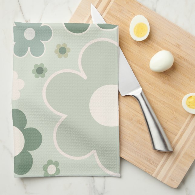 Retro Flowers Sage Green Abstract Floral Kitchen Towel (Quarter Fold)