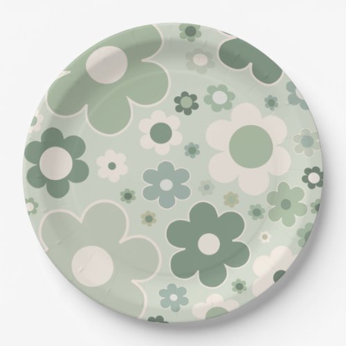 Retro Flowers Sage Green Abstract Floral Paper Plates