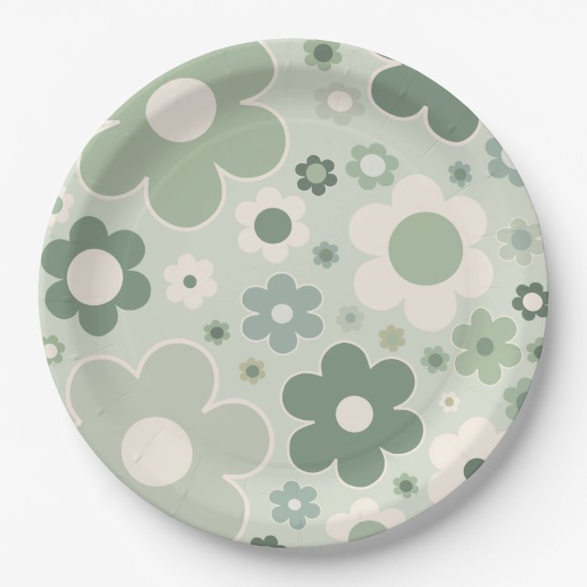 Retro Flowers Sage Green Abstract Floral Paper Plates (Front)