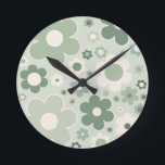 Retro Flowers Sage Green Abstract Floral Round Clock<br><div class="desc">Retro flowers: floral art – sage green flower pattern.</div>