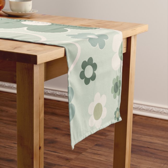 Retro Flowers Sage Green Abstract Floral Short Table Runner (In Situ)