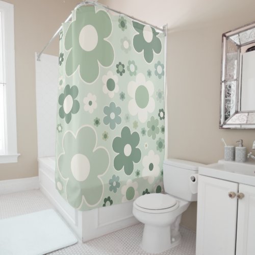 Retro Flowers Sage Green Abstract Floral Shower Curtain