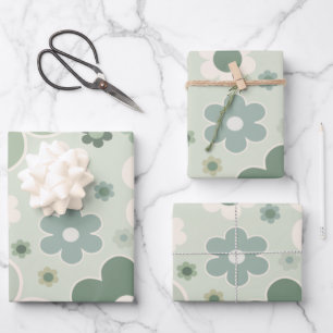 Retro Flowers Sage Green Abstract Floral Wrapping Paper Sheets