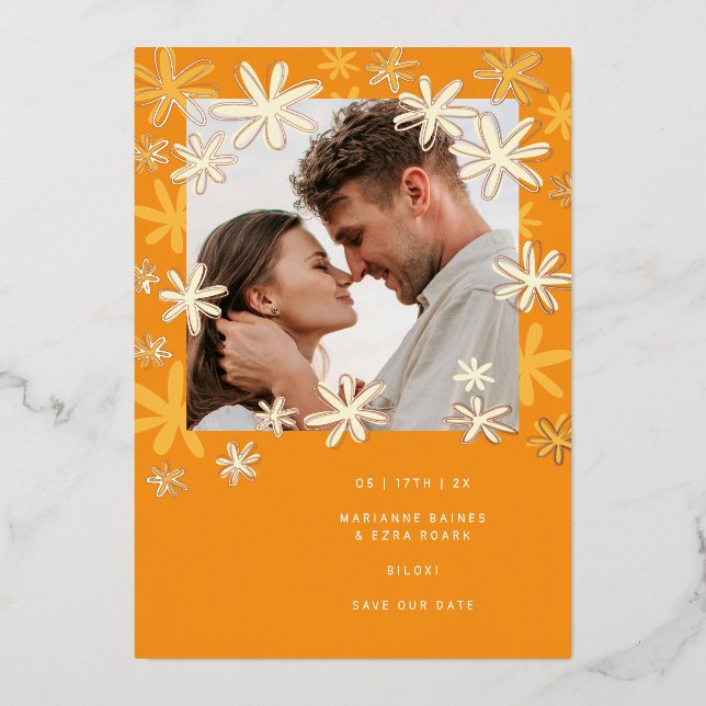 RETRO FLOWERS SAVE THE DATE FOIL INVITATION (Front)