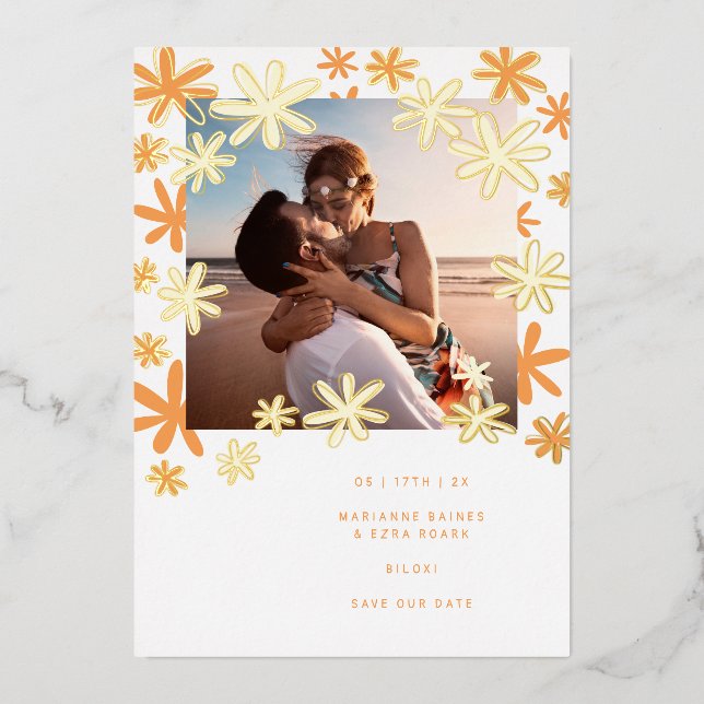 RETRO FLOWERS SAVE THE DATE FOIL INVITATION (Front)