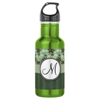 Retro Flowers Sea Green with Stripes and Monogram Water Bottle
