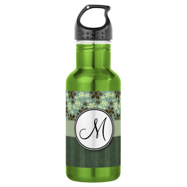 Retro Flowers Sea Green with Stripes and Monogram Water Bottle (Front)