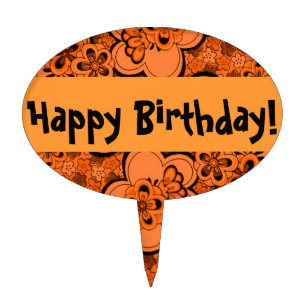 Retro Flowers Tangerine Orange Happy Birthday Cake Topper
