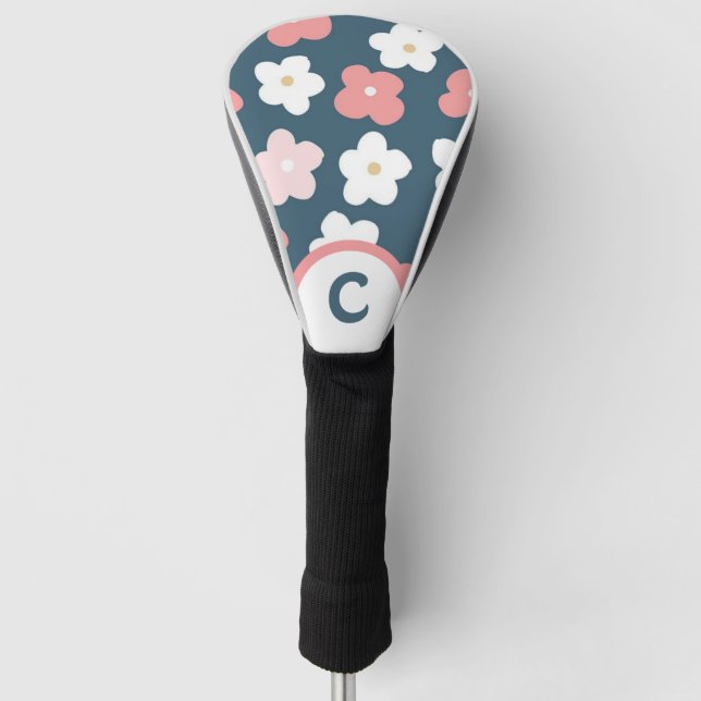 Retro Flowers Teal Pink & White Monogram Golf Head Cover (Front)