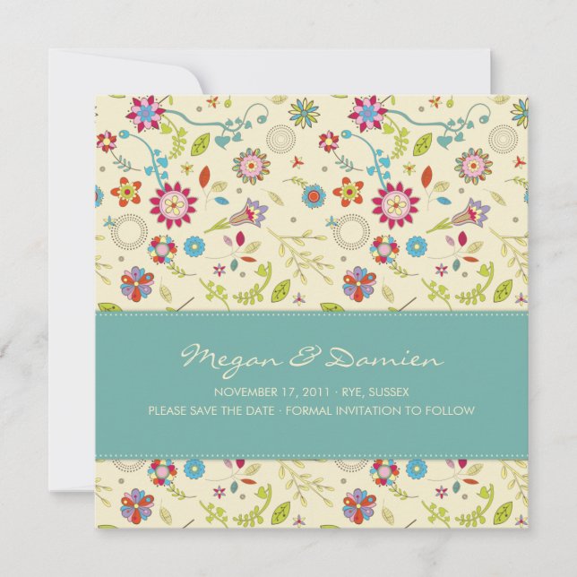 Retro Flowers · Teal · Save the Date Card (Front)