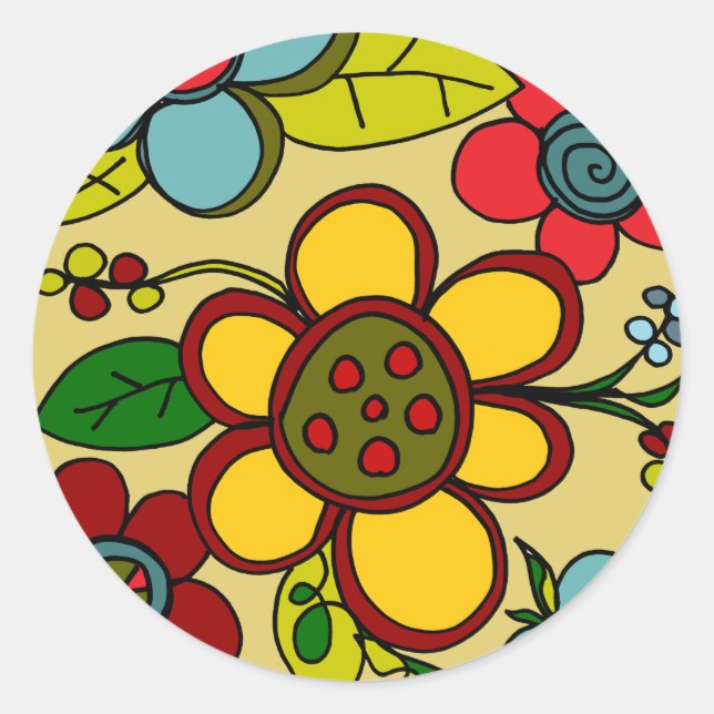 Retro Flowers Urban Colors Classic Round Sticker (Front)