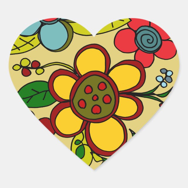 Retro Flowers Urban Colors Heart Sticker (Front)