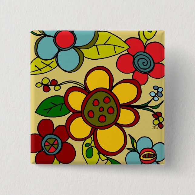 Retro Flowers Urban Colors Pinback Button (Front)