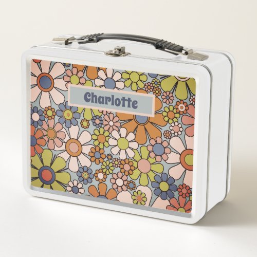Retro Flowers Vintage 60s 70s Personalized Floral Metal Lunch Box