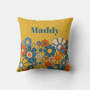 Retro Flowers Vintage 70s 60s Personalized Floral Throw Pillow