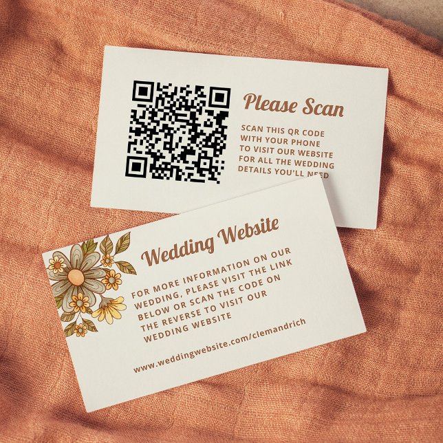 Retro Flowers | Wedding Website QR Code Enclosure Card (Wedding website cards with retro flowers and a scannable QR code)