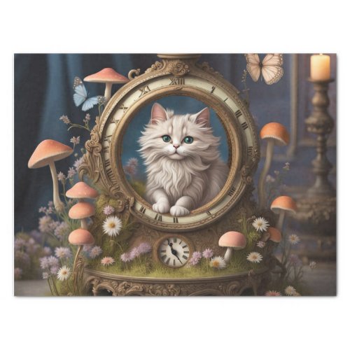 Retro Fluffy Cat antique clock Decoupage Tissue Paper