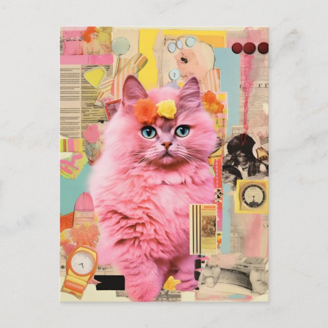 Retro Fluffy Pink Cat Collage Postcard (Front)