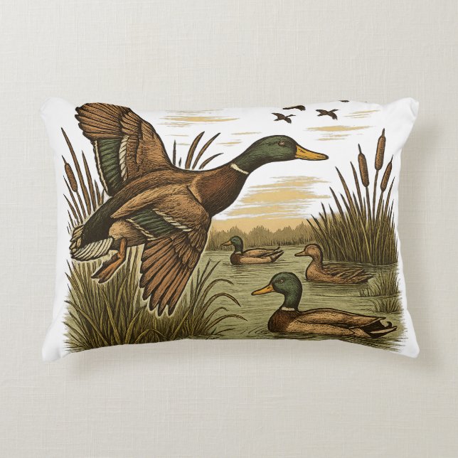 Retro-Flying-Mallard-Duck-Hunting,  Accent Pillow (Front)