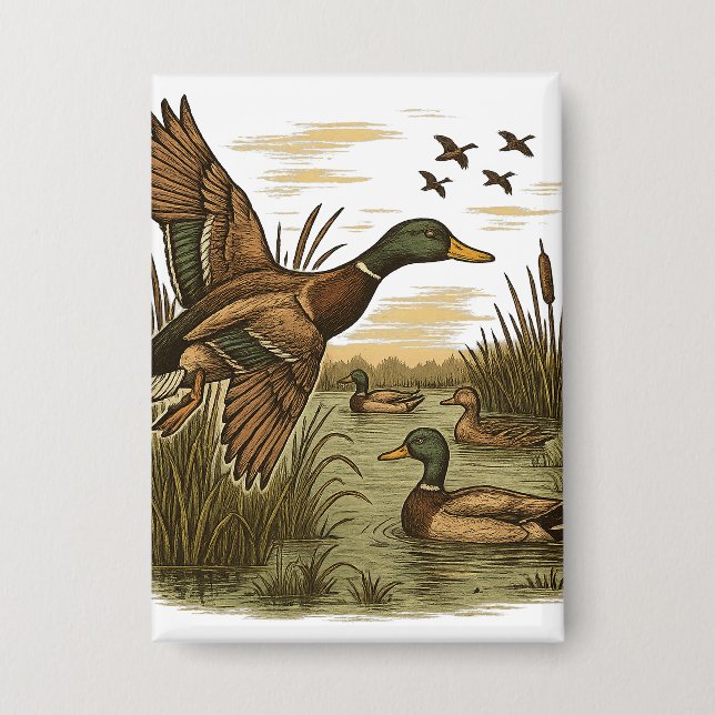 Retro-Flying-Mallard-Duck-Hunting,  Button (Front)