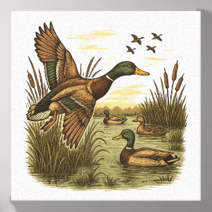 Retro Flying Mallard Duck Hunting Canvas Photo Tile
