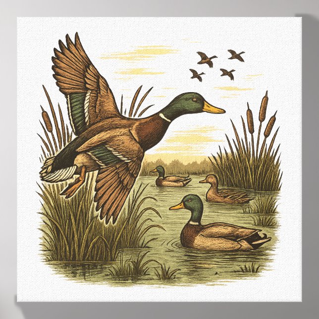 Retro Flying Mallard Duck Hunting Canvas Photo Tile (Front Set)