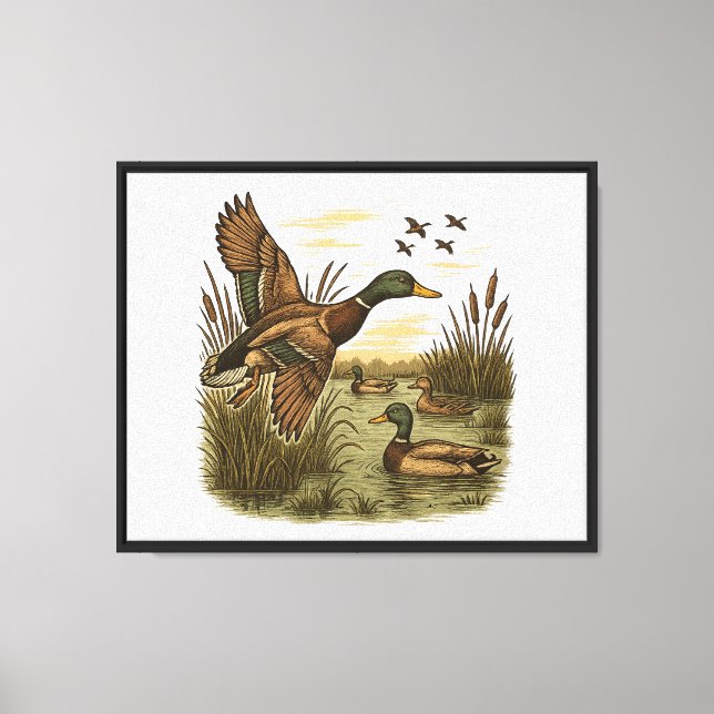 Retro Flying Mallard Duck Hunting Canvas Print (Front)