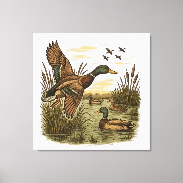 Retro-Flying-Mallard-Duck-Hunting Canvas Print (Front)