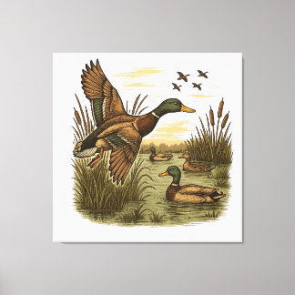 Retro-Flying-Mallard-Duck-Hunting Canvas Print