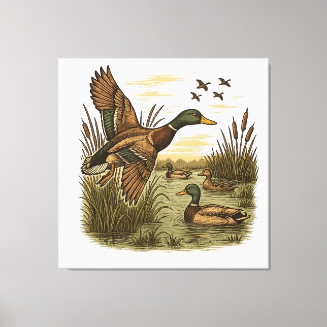 Retro-Flying-Mallard-Duck-Hunting Canvas Print (Front)